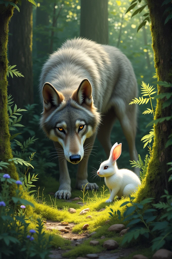 The wolf was looking for something to eat but met a rabbit.