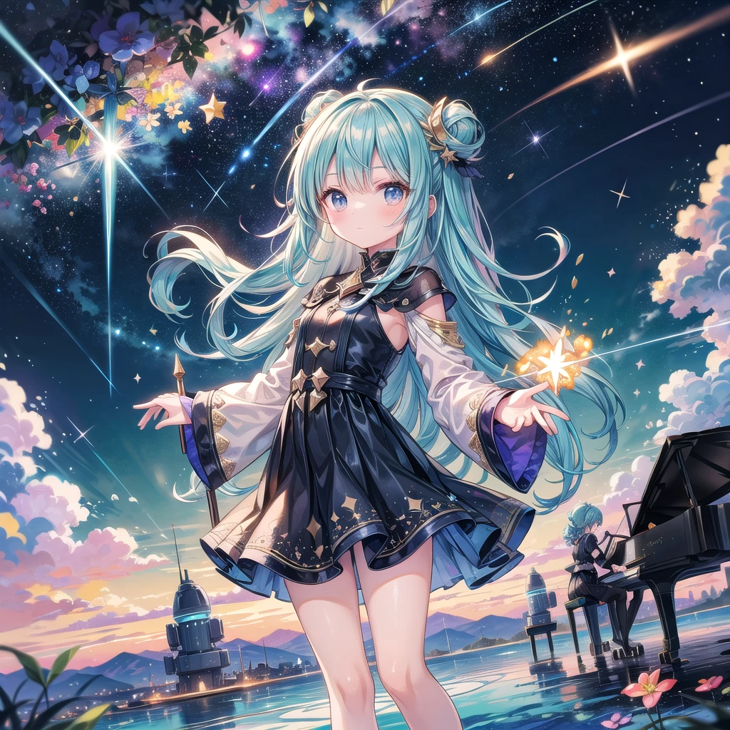 "Create a whimsical watercolor image of a girl conducting an orchestra of stars. Her flowing hair becomes sheet music filled with cosmic notes and tiny spacecraft. As she waves her baton (a shooting star), galaxies spin and supernovas explode in a symphony of light and color."