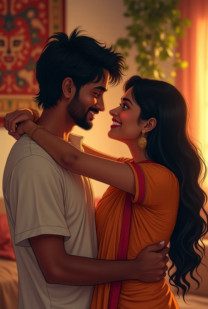 A man liking her girlfriend's hairy underarms and they must be Indian and the image must be realistic 

