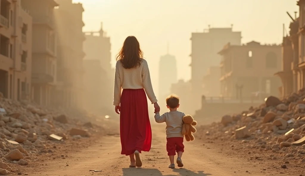 Photo of a woman's hand in white sweater and red long skirt walking while holding her 2 year old son who is also walking behind her while carrying his teddy bear on the ruin of a city, sand cloud, heat, hazy, rubles, debris,