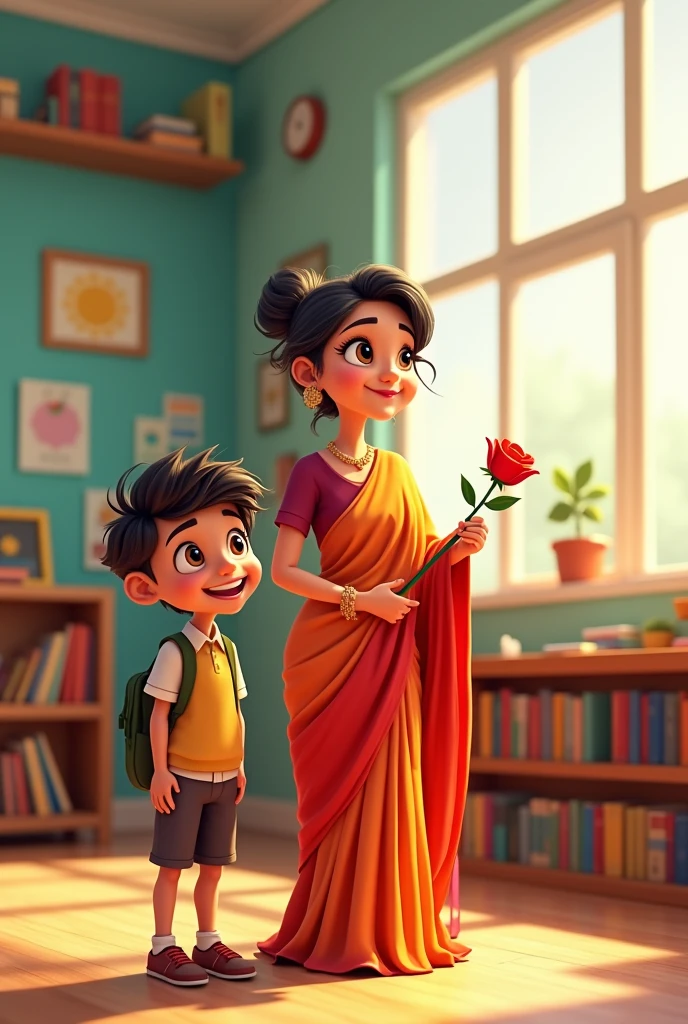 Private school teacher ai 3d cartoon type with saree boy propise rose image