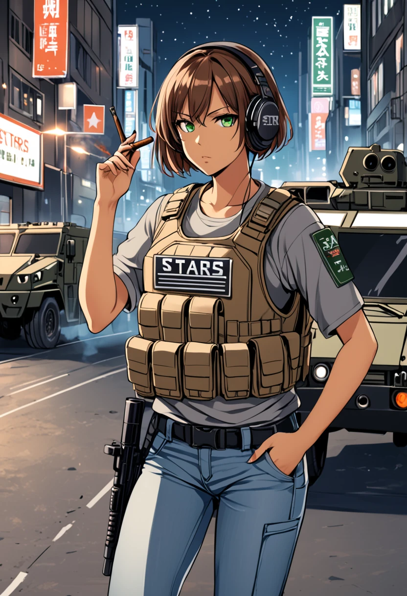 1girl, grey T shirt, tan bulletproof vest, beautiful, brown hair, green eyes, jeans, S.T.A.R.S nameplate, tactical headphones, short hair, tactical boots, smoking cigar, serious expression, night city, armored truck in background, STARS written on armoured truck.```