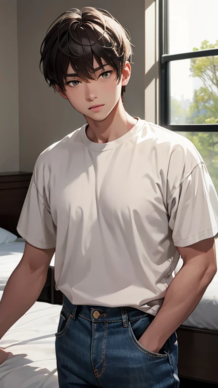 Highest quality、Realistic、、Japanese、zoom、man、Junior high and elementary school students、cute、、Bedroom、Grey Eyes、Light brown hair、Very Short Hair、White short sleeve shirt、Denim pants、thin、Cowboy Shot