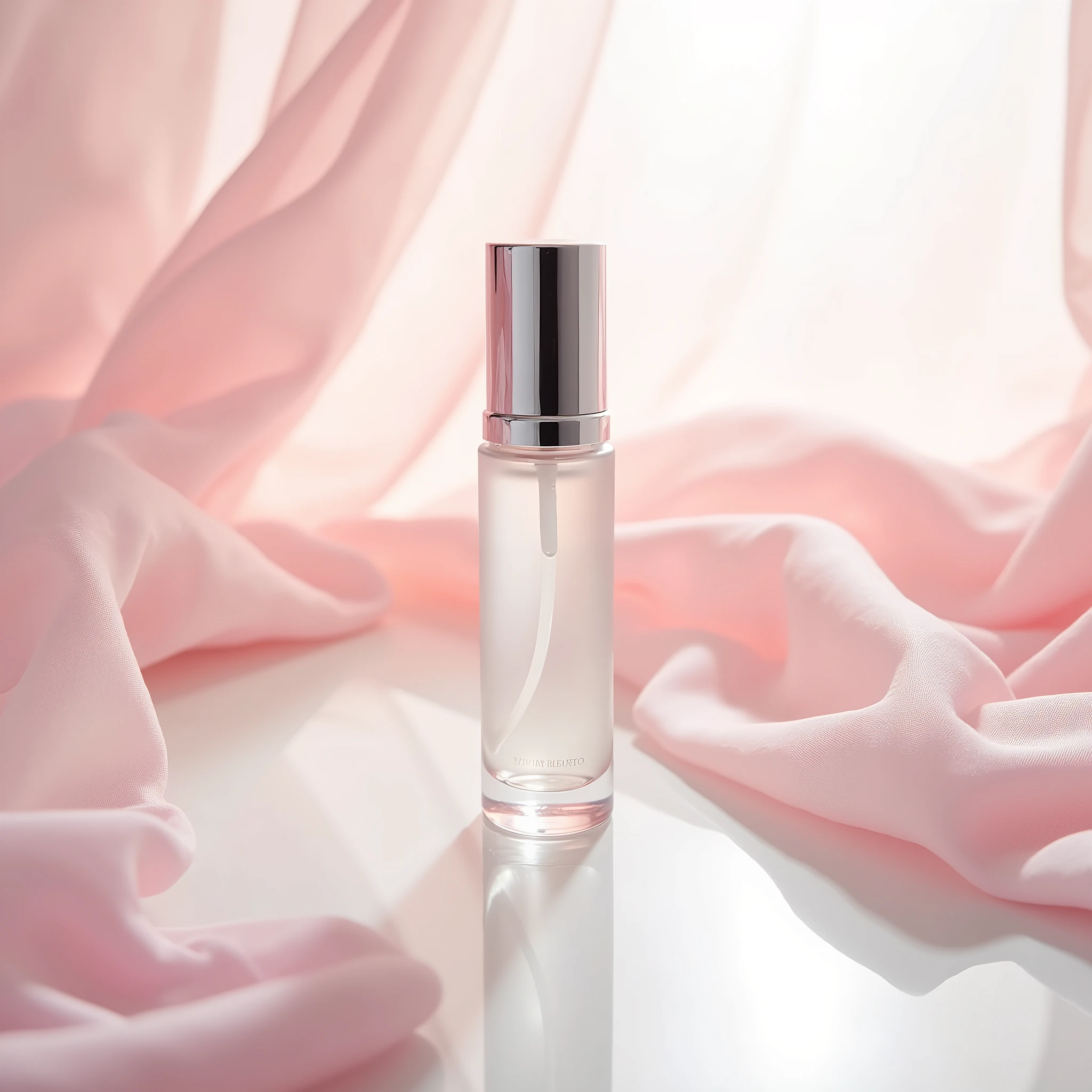 In this bottom view shot , the whitening essence bottle sits on a gleaming white surface , surrounded by wisps of pink chiffon . The bottle is slender and sophisticated , with a clear glass body and a gleaming silver cap . The chiffon adds a delicate , feminine touch to the image , while the clean lines and minimalist styling emphasize the elegance of the product . Shot by Ellen von Unwerth , using a Sony Alpha a7R IV and a Sony FE 50mm f /1.8 lens iw 2 --s 50
