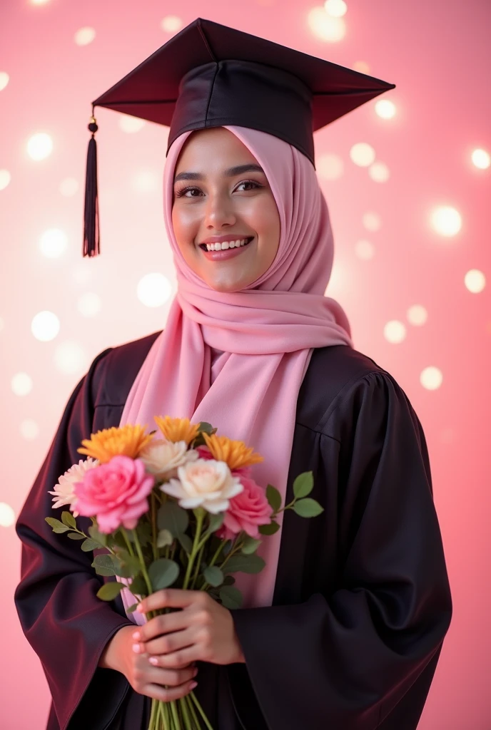 Consept art photography, fan art photography, a
Women wearing hijab, pastel pink color hijab, wearing black graduation hat, in black graduation gown, pastel blue color graduation hood, holding bouqet flower,  pastel pink color lighting, volumetric lighting, pastel pink flowery effect background, kawaii theme design 