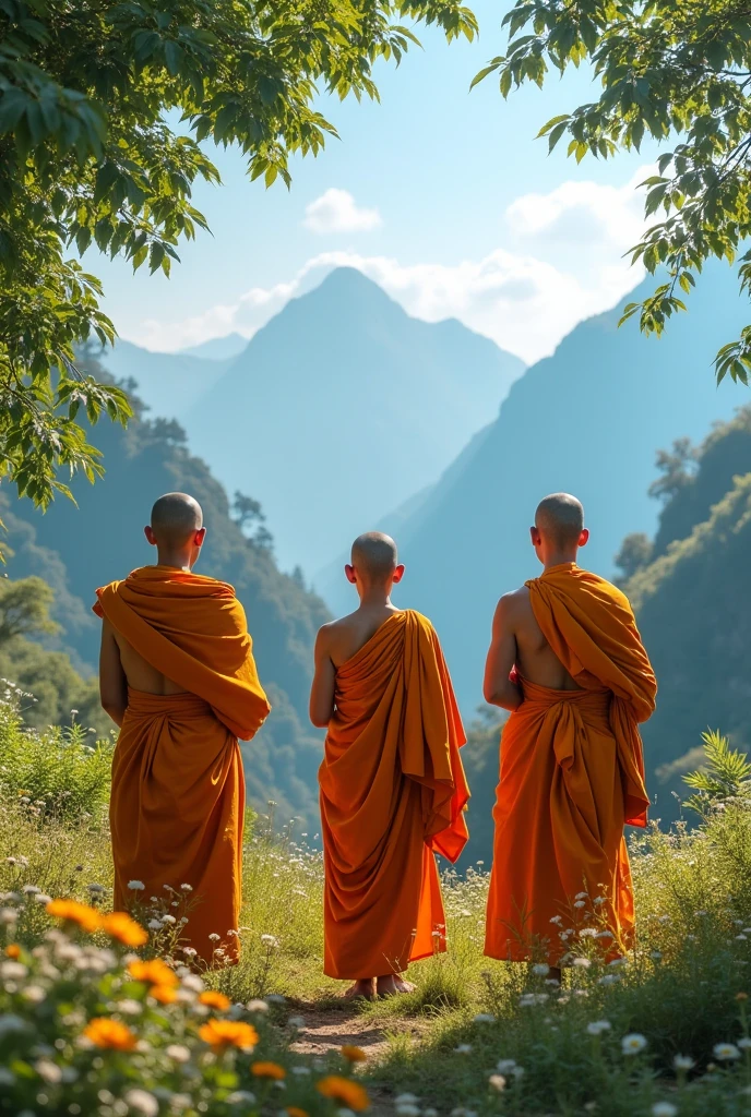 most beautiful nature enjoying 3 bhikkhu's and show his facee