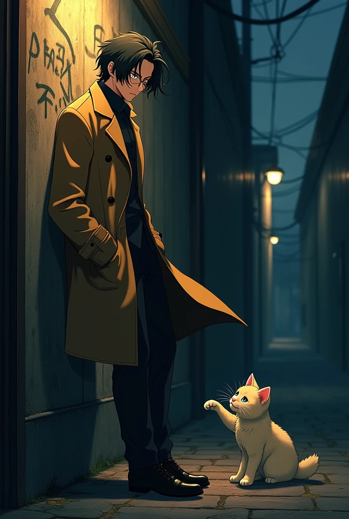 In anime style, an Osamu Dazai in his dark mafia era from te anime series Bungou Stray Dogs with a lovely kitten.