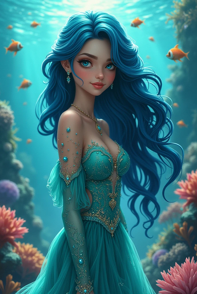 Princess have deep blue or teal hair, waves down her back, and sea-blue eyes that reflect the ocean’s depths. clothes shades of blue and green, with wave or water drop patterns.