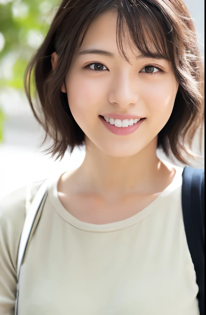 Portrait, 8k, high quality, realistic photo images, 29-year-old, japanese woman, neat wife, housewife, Reproduces natural and realistic eyes, japanese stand, beautiful black hair, short hair, light makeup, octane rendering, beautiful lighting, composition of golden ratio, laughter, everyday wear, casual clothes, natural background, blurred background, High level image quality, Pure Japanese humanity, beautiful wife, Upper body, light makeup, No makeup, pure beauty, plain clothes, grey, beige, green, Plain color, casual clothes, slight smile, small black eyes, background bokeh