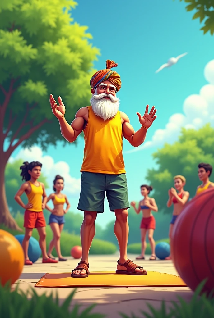 A cartoon old man wearing turban Fitness trainer standing in ground