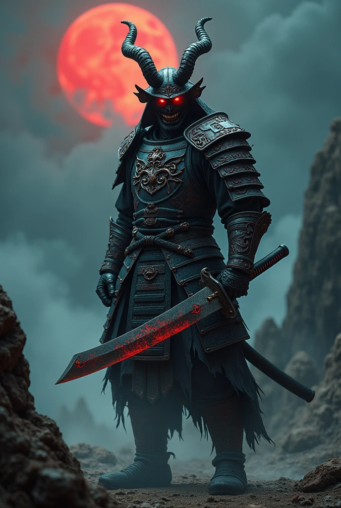 A fierce and intimidating Demon Samurai standing in a dark, misty battlefield. The samurai is clad in ancient, tattered armor, adorned with dark red and black hues, and intricate demonic patterns etched into the metal. His helmet has menacing horns that curve upward, and his eyes glow with a fiery red light. The samurai wields a massive, cursed katana, with dark energy emanating from the blade. His posture is strong and aggressive, with the aura of a battle-hardened warrior who has made a pact with dark forces. The background is a desolate, eerie landscape with jagged rocks and ominous clouds swirling above, lit by a blood-red moon. The overall mood of the image should be dark, sinister, and powerful, capturing the essence of a warrior who has embraced the demonic arts