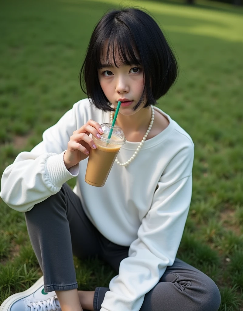 (RAW photo, best quality, masterpiece: 1.2), (photorealistic: 2), (Polish girl, 20 years old, black hair, Light grey eyes, short bob cut, hair in 7 thirds, hair over one ear, Symmetrical eyes, solo, Detailed Skin:1.1), White oversized sweatshirt, dark grey pants, white Nike Jordans, small pearl necklace, sitting Indian style on the grass, drinking cafe latte from a clear cup with a green straw, angled from above, looking up, sunny day, gel nails