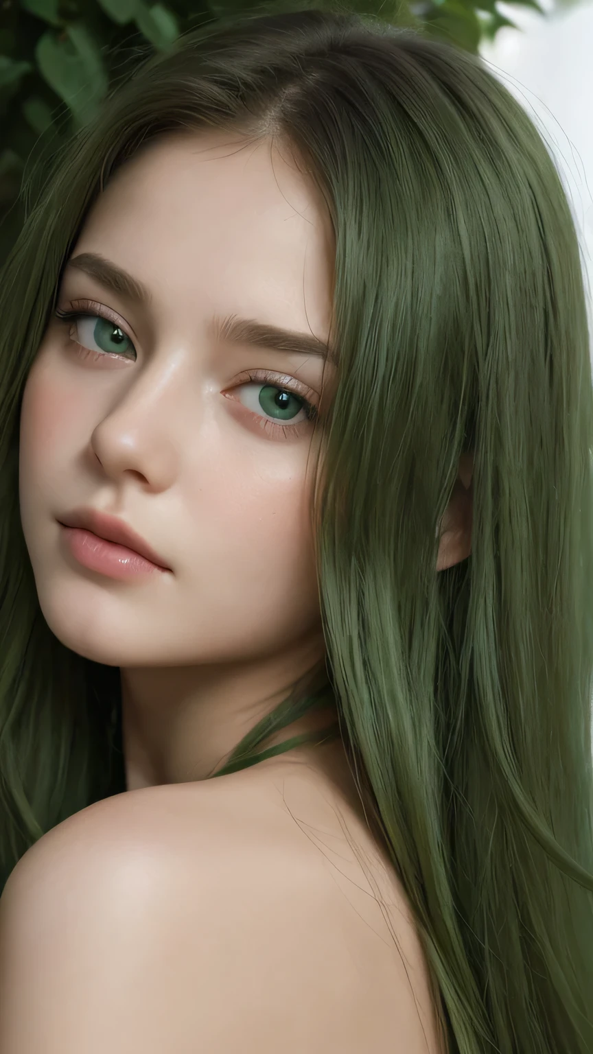 facial portrait. a girl. european. oval face. delicate features. gentle eyes. half-open eyes. gentle, seductive eyes. green hair. green eyes. long hair. melancholic expression