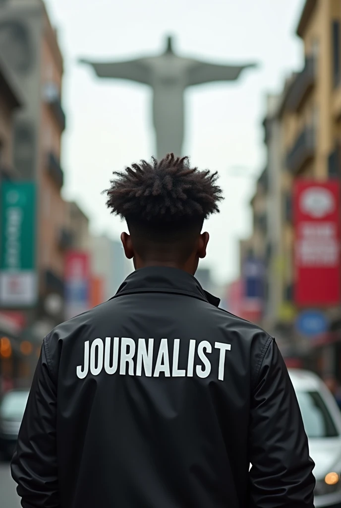 Dark-skinned man with short curly and straight hair with his back to the angel of independence of Mexico with a black jacket with the word Journalist on the back
