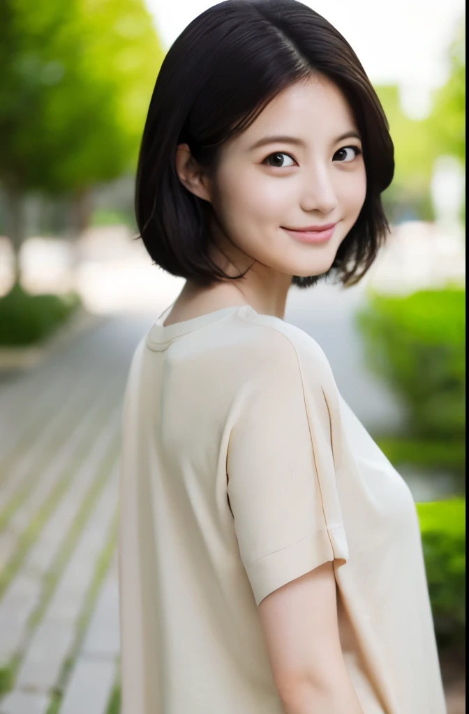 Portrait, 8k, high quality, realistic photo images, 29-year-old, japanese woman, neat wife, housewife, Reproduces natural and realistic eyes, japanese stand, beautiful black hair, short hair, light makeup, octane rendering, beautiful lighting, composition of golden ratio, laughter, everyday wear, casual clothes, natural background, blurred background, High level image quality, Pure Japanese humanity, beautiful wife, Upper body, light makeup, No makeup, pure beauty, plain clothes, grey, beige, green, Plain color, casual clothes, slight smile, small black eyes, background bokeh