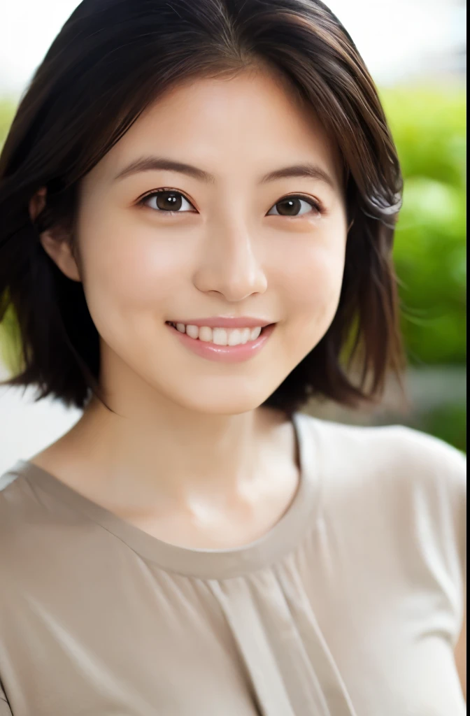 Portrait, 8k, high quality, realistic photo images, 29-year-old, japanese woman, neat wife, housewife, Reproduces natural and realistic eyes, japanese stand, beautiful black hair, short hair, light makeup, octane rendering, beautiful lighting, composition of golden ratio, laughter, everyday wear, casual clothes, natural background, blurred background, High level image quality, Pure Japanese humanity, beautiful wife, Upper body, light makeup, No makeup, pure beauty, plain clothes, grey, beige, green, Plain color, casual clothes, slight smile, small black eyes, background bokeh