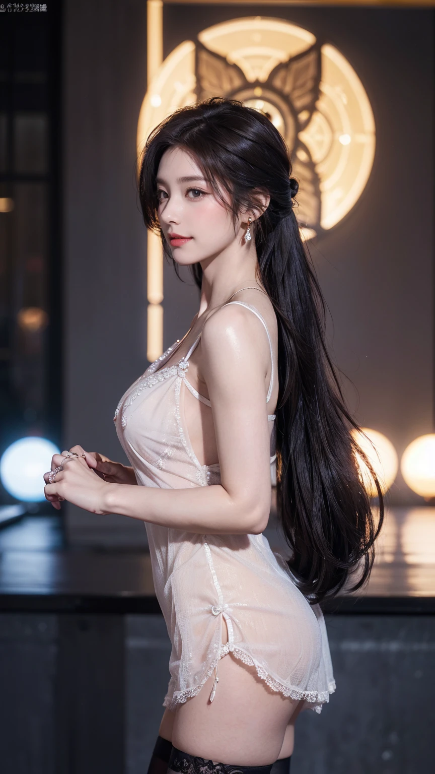 (run a high class brothel、A devilishly beautiful madam who sells useless prostitutes to organ brokers..),NSFW, masterpiece, highest quality, Accurate, UHD, retina, Super detailed, Award history, High resolution, anatomically correct, (realistic:1.4),Raw photo,(Soft saturation:1.3),(Fair skin:1.2),rough skin, 8K,1 girl, alone, mature adult woman, Beautiful Evil, evil and sneaky sexy woman, (perfectly beautiful woman, perfectly beautiful face, Perfectly beautiful eyes, perfectly beautiful nose, perfectly beautiful nose孔, perfectly beautiful lips),(Chestnut hair tied on top of head),(compensate:1.3),(eye reflection:1.3, solid circle eye, ring-shaped eyes, Sparkling pupils:1.2, long eyelashes:0.7, amber eyes),(crystal earrings, necklace), sleepy, parted lips, boredom, (enchanting smile:1.4, cruel smile:1.4), (natural_breasts, straight_hairstyles, glossy_lips:1.5,lip_reflection:1.5), break, (sheer_negligee, opaque_thigh_highs:1.5),(raising_your_hips, looking at user, from side, tilt_shot:1.5)