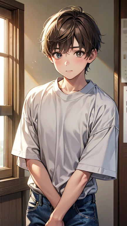 Highest quality、Realistic、、Japanese、zoom、man、Junior high and elementary school students、cute、、Bedroom、Grey Eyes、Light brown hair、Very Short Hair、White short sleeve shirt、Denim pants、thin、Cowboy Shot