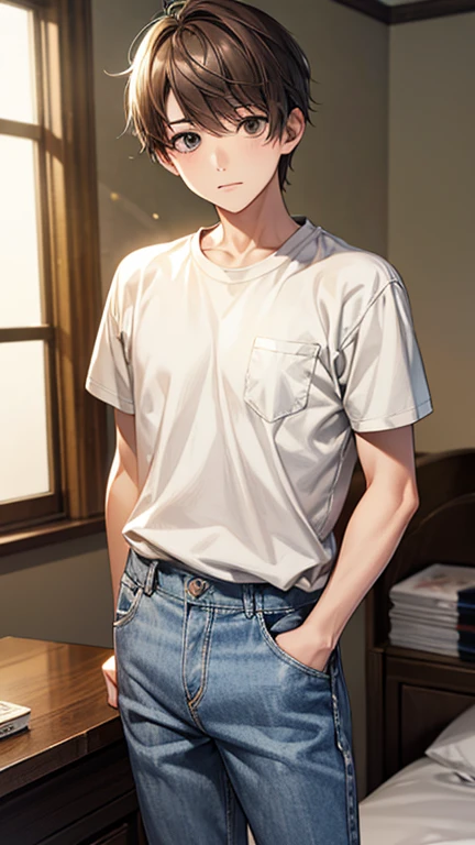 Highest quality、Realistic、、Japanese、zoom、man、Junior high and elementary school students、cute、、Bedroom、Grey Eyes、Light brown hair、Very Short Hair、White short sleeve shirt、Denim pants、thin、Cowboy Shot