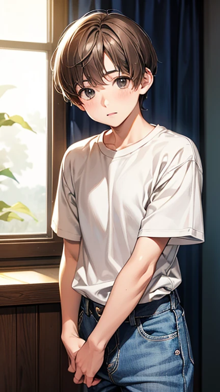 Highest quality、Realistic、、Japanese、zoom、man、、cute、、Bedroom、Grey Eyes、Light brown hair、Very Short Hair、White short sleeve shirt、Denim pants、thin、Cowboy Shot