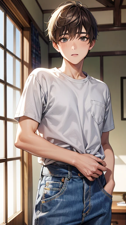 Highest quality、Realistic、、Japanese、zoom、man、Junior high and elementary school students、cute、、Bedroom、Grey Eyes、Light brown hair、Very Short Hair、White short sleeve shirt、Denim pants、thin、Cowboy Shot