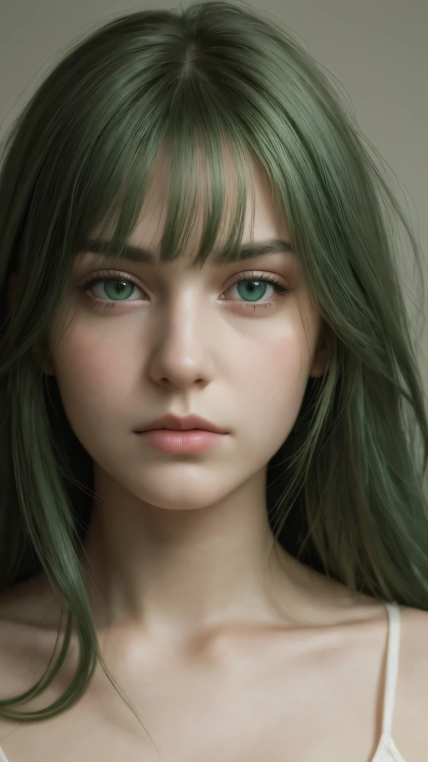 face portrait. a girl. european. oval face. delicate features. gentle eyes. melancholic eyes. green hair. green eyes. long hair. melancholic expression