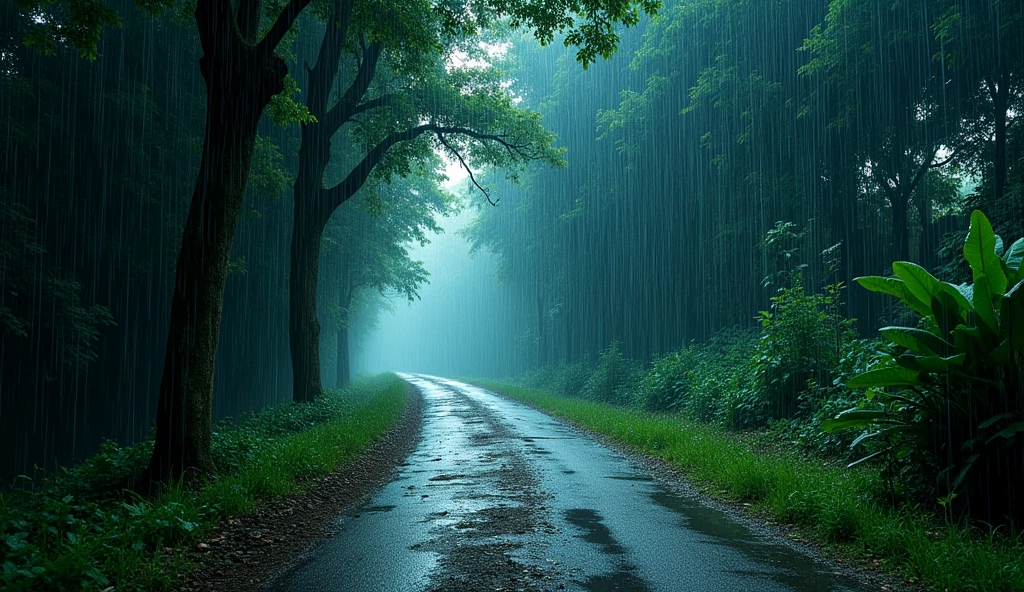 an image of a Vietnamese rural road, densely wooded with the thunder, light shining on them, so dark, heavy raining, in the style of colorful prisma, erased and obscured, multiple flash, iconic album covers, photography, 50mm
