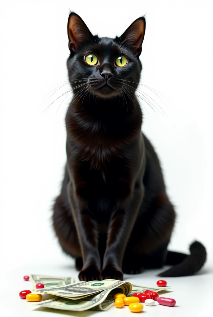 Ambitious black cat, with money and drugs. White background 