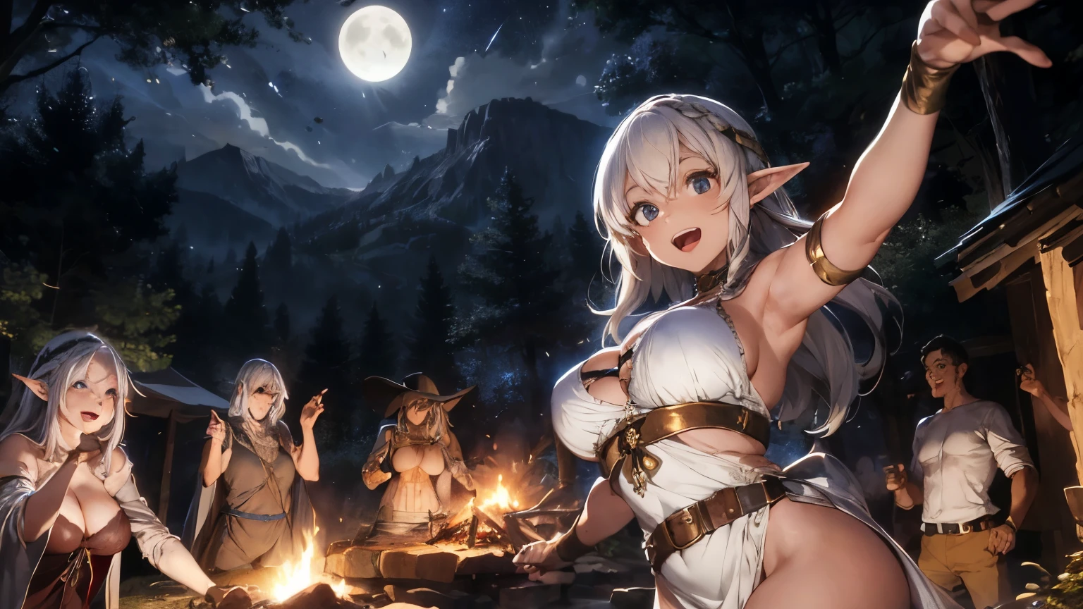 ((masterpiece,Highest quality;1.3,best illustration,realistic)), elf girls, elf ears, blushing, mouths open in arousal, incontinence、peeing  pee stains, wet panties, ensemble in the forest,  campfire.