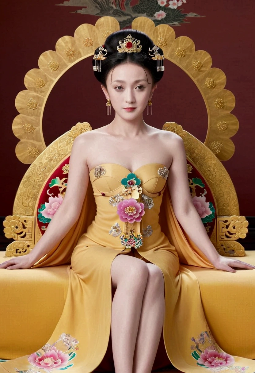 From the pre-Qing period, The Empress sits naked on a large golden sofa in the palace,  Her legs were spread, At the Chinese court during the Qing Dynasty, Empress of the Qing Dynasty, Wearing the great crown of the Chinese Empress, Belly and thighs visible from below.。She is completely naked, Showing off gorgeous large flowers and hairpins, She tied her hair up and pulled it up, 背景はEmpress of the Qing Dynastyの豪華な宮殿.