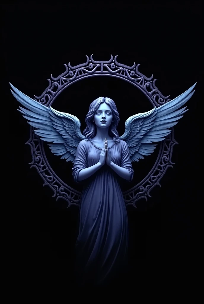 high quality centered logo, angel drawn in two dimensions with hands in a prayer position and a neo tribal halo in the outline, dark colors and black background,