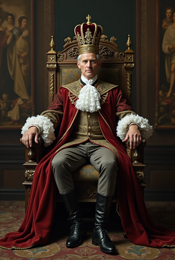 A white royal man sitting on a throne. The throne is  made from broken desks. He is wearing maroon, black and white outfit. The image would look like a paitnting from the 1600s. His crown is a school hat