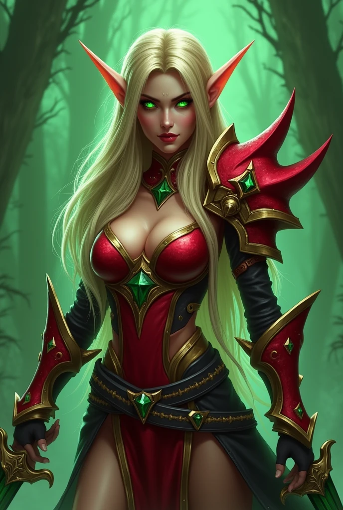World of Warcraft game theme, Image of a female elf Valeera Sanguinar,intense flirty stare, ,Beautiful and gorgeous elf, 32 years old, with blonde hair, standing, holding two favorite shiny green Jambiya daggers, one in each hand. ,blood elf Assassin Wow, wide hips, narrow waist, gigantic humungus breasts,extremely curvy, Long elf ears, ((((Very bright, glowing green eyes))), Red Light female Assassin Armor with emeralds , Red Pauldrons, Red skull Pauldron with emeralds, Gold and Red Chestpiece, Red and black Gauntlets, Black tabard, dramatic tones. A masterpiece with the highest resolution. , Surrealist image type