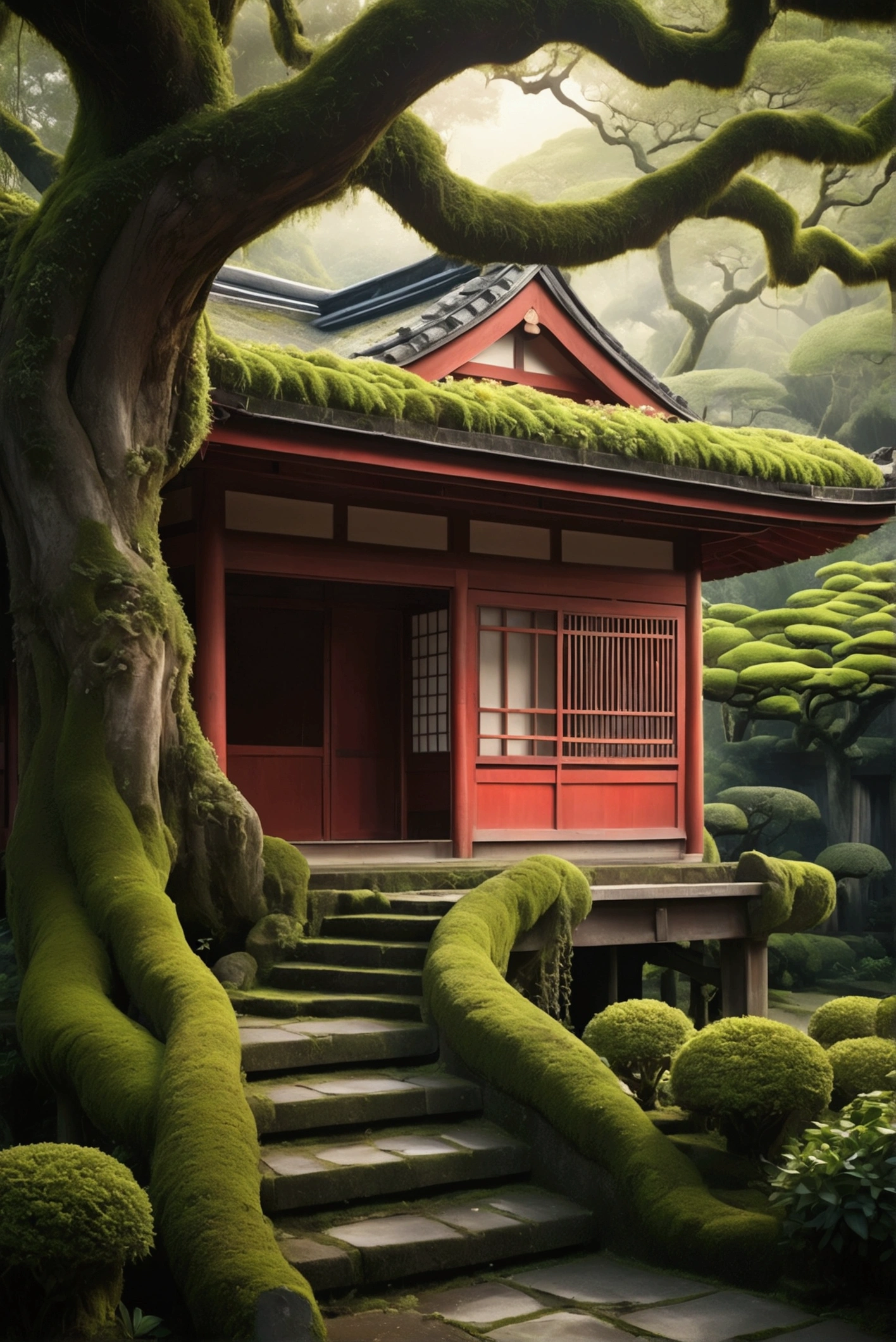 A red japanese house carved in an ancient tree, mossy old wooden structure, intricate architectural details, overgrown with vines and flowers, mystical atmosphere, beautiful natural lighting, cinematic composition, dramatic shadows, muted color palette, ethereal mood