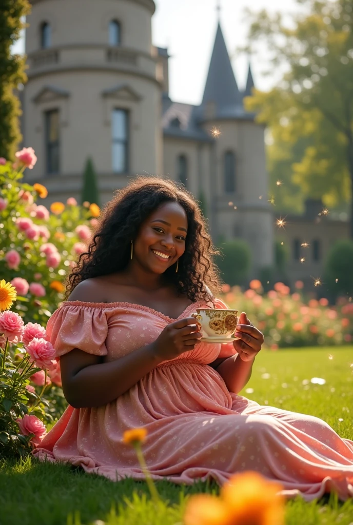 hotorealism:1.2), beautiful woman, black skin brown hair, fat, cute, eating cookies in gardens , ปราสาทยุโรป,สวนดอกไม้,จิบชา, have magic