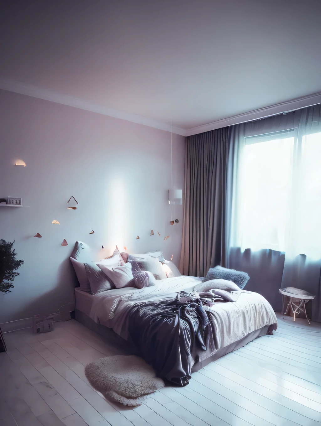 a dreamy white bedroom, foggy, soft focus, cool lighting, muted pastel colors, glowing atmosphere, dramatic shadows, cinematic composition, dream-like quality, ethereal, romantic, soft focus photography, blue hour, midnight, windy, white marble, whimsical, hazy, ethereal, gloomy, no people