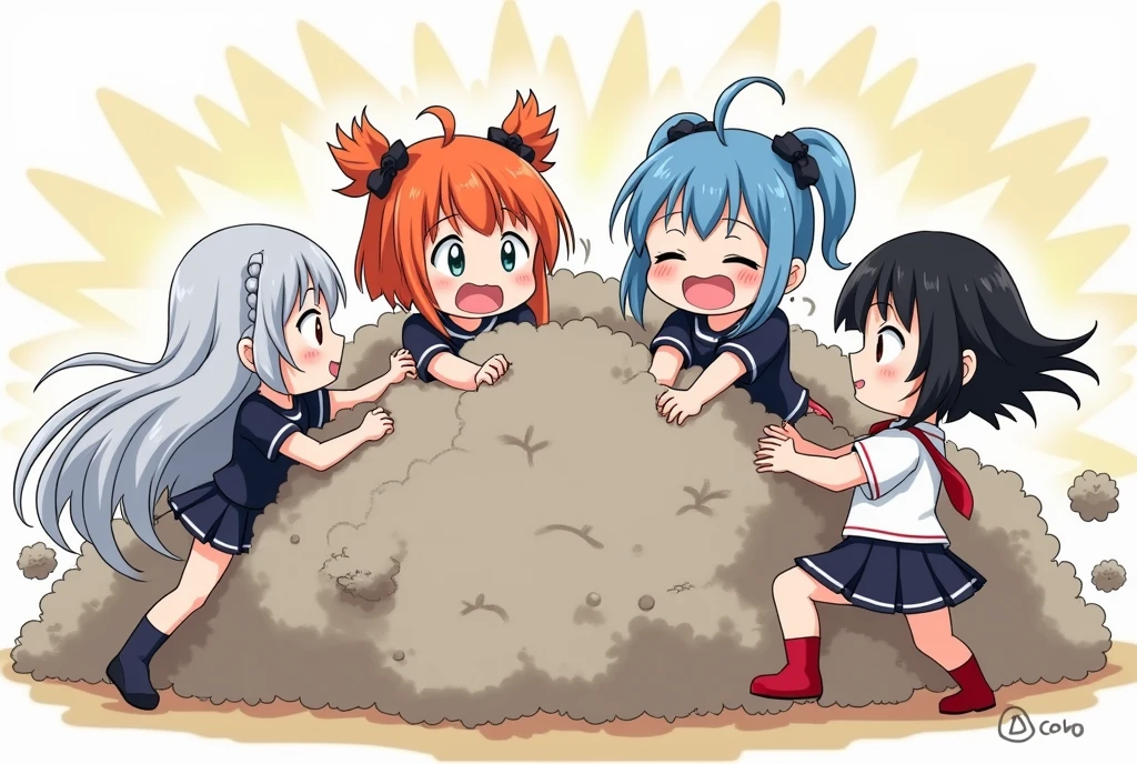 An anime-style illustration depicting four girls playfully wrestling with each other inside a gray comical fight cloud (dust cloud).
each girl has different  colored hair: one with silver hair long braided,another  with orenge short hair,and one with blue braided pigtails,and one with black bobcats.
their faces,hands,and feet are visible emerging from the cloud as they tussle humorously,  with the rest of their bodies completely hidden inside the cloud.
the illustration emphasizes the humorous and energetic nature of their scuffle,with a fluffy  andexaggerated fight cloud.