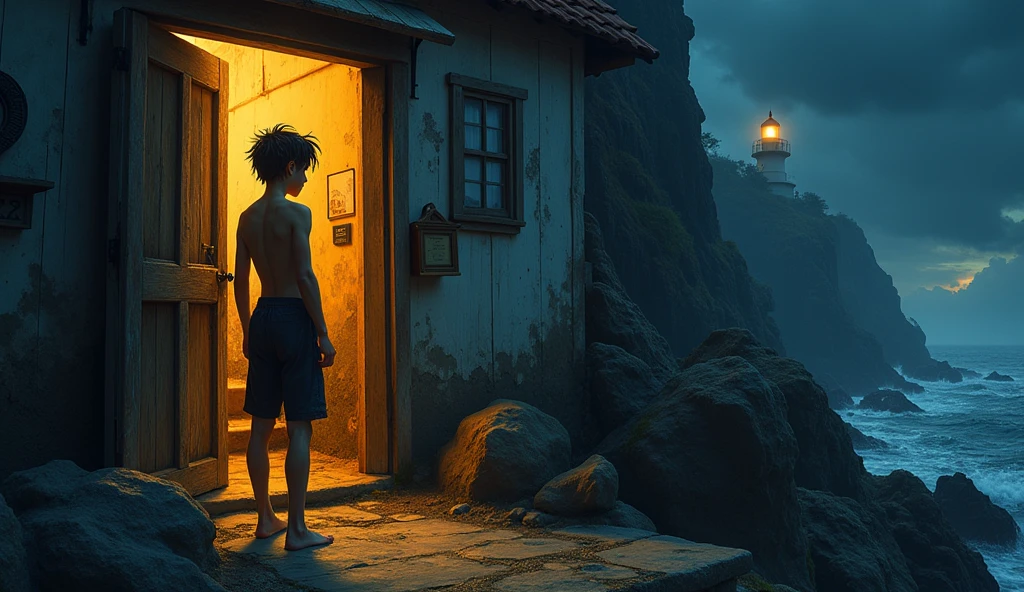 Kai is a lean, wiry teenager with tanned skin from long days spent under the sun. His hair is dark and unruly, often tousled..A kind, elderly lighthouse keeper opening the door to a soaked, exhausted boy, offering shelter and warmth."**