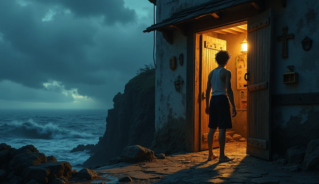 Kai is a lean, wiry teenager with tanned skin from long days spent under the sun. His hair is dark and unruly, often tousled..A kind, elderly lighthouse keeper opening the door to a soaked, exhausted boy, offering shelter and warmth."**