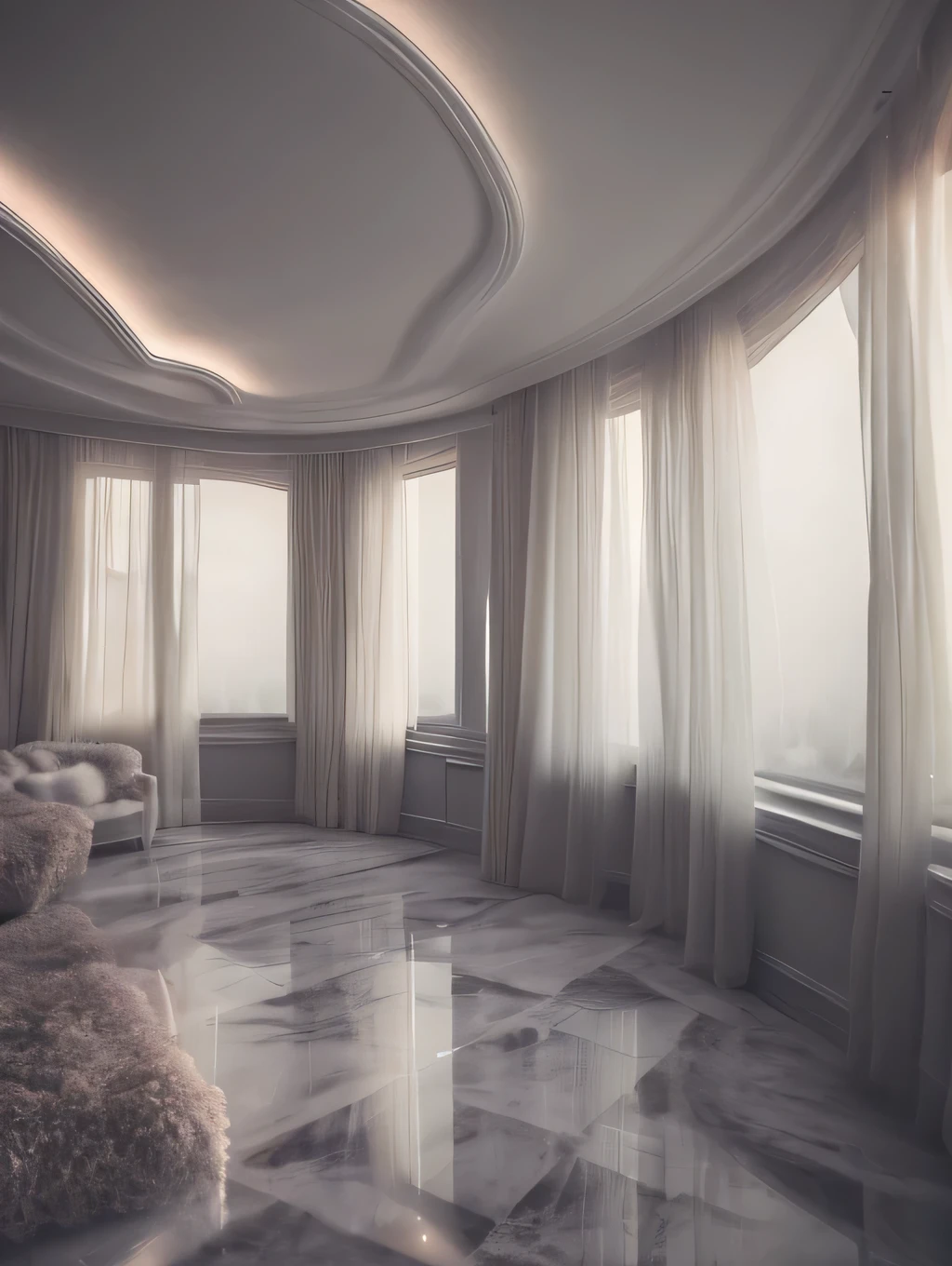 a dreamy interior design, foggy, soft focus, cool lighting, muted pastel colors, glowing atmosphere, dramatic shadows, cinematic composition, dream-like quality, ethereal, romantic, soft focus photography, black hour, midnight, windy, white marble, whimsical, hazy, ethereal, gloomy, solitude