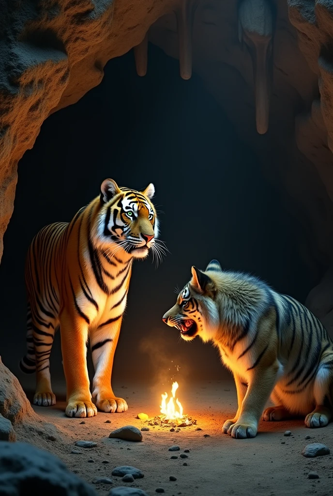 In the cave, the tiger speske to the wolf. wolf was very angry.