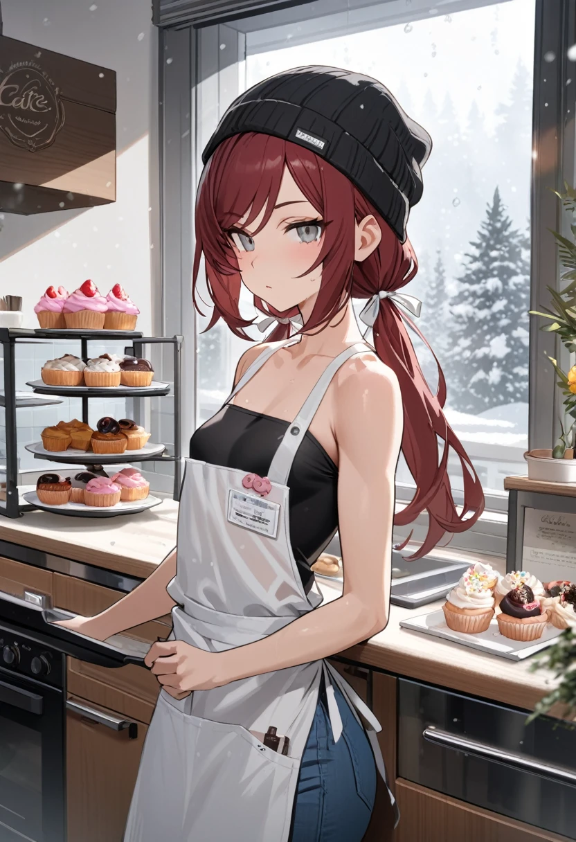 Masterpiece, highres, high Quality, stoic, detailed face, over-the-shoulder shot, solo, working behind counter, Gray eyes, dark red hair, swept bangs, low twin tails, white ribbons, black strapless shirt, black beanie, apron, nametag, jeans, small breasts, toned arms, frosting cupcakes and donuts behind glass, kitchen, cafe, potted flowers, snowing outside window, 