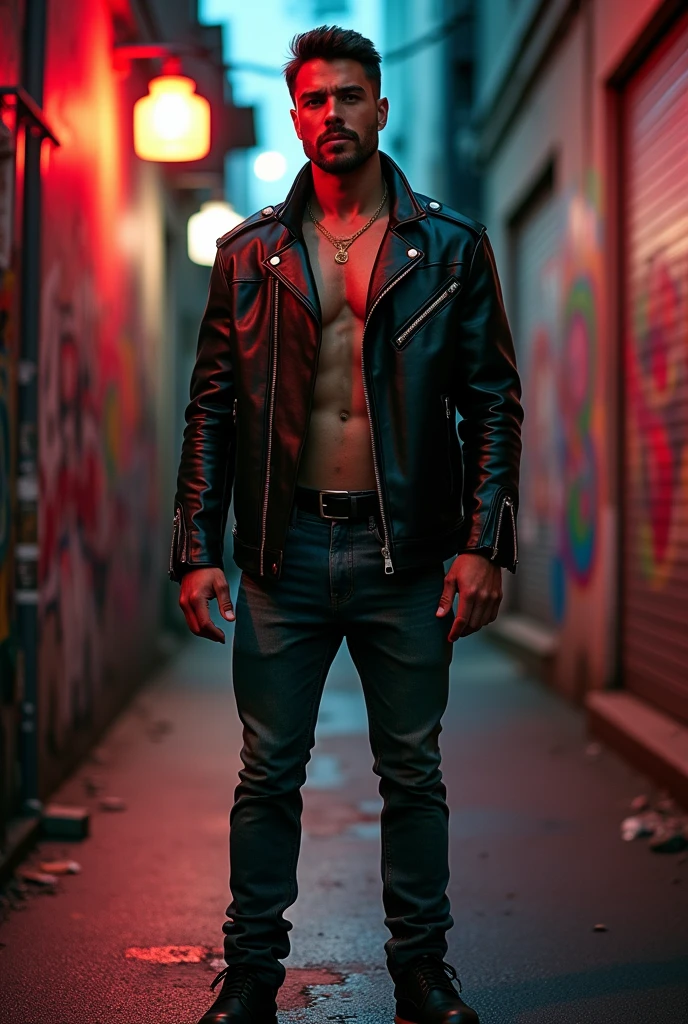 Naked guy fully erect, full body shot, wearing a rocker leather jacket only.