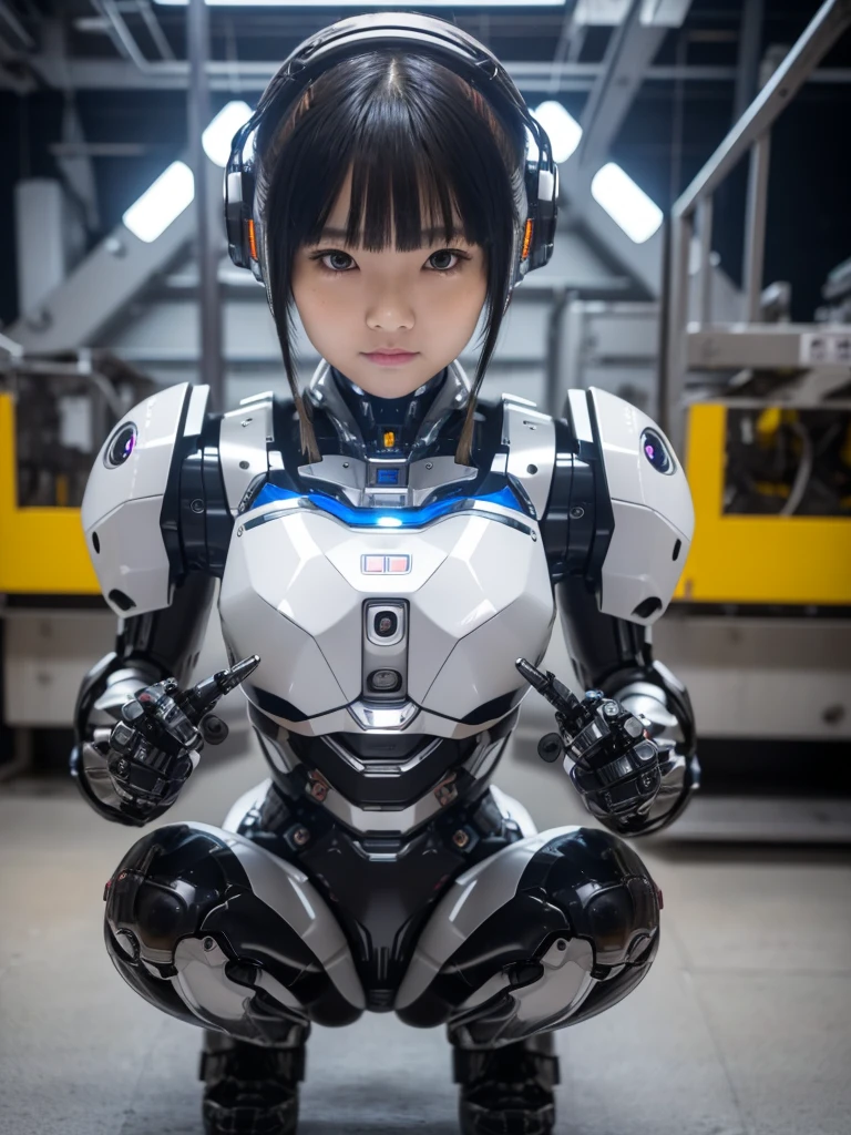 masterpiece, Highest quality, Very detailed, Japaese アンDroid girl,Portraiture,Plump,Thick,Control panel,アンDroid,Droid,Mechanical Hand, robotの腕と脚, Black Hair,Blunt bangs,perfect robot girl,Long tube,A thick cable was attached to her neck.,アンDroid,robot,humanoid,cyborg,japanese cyborg girl ,robot-assembly plant,She is now assembling,Assembly scene,Chubby,Squat