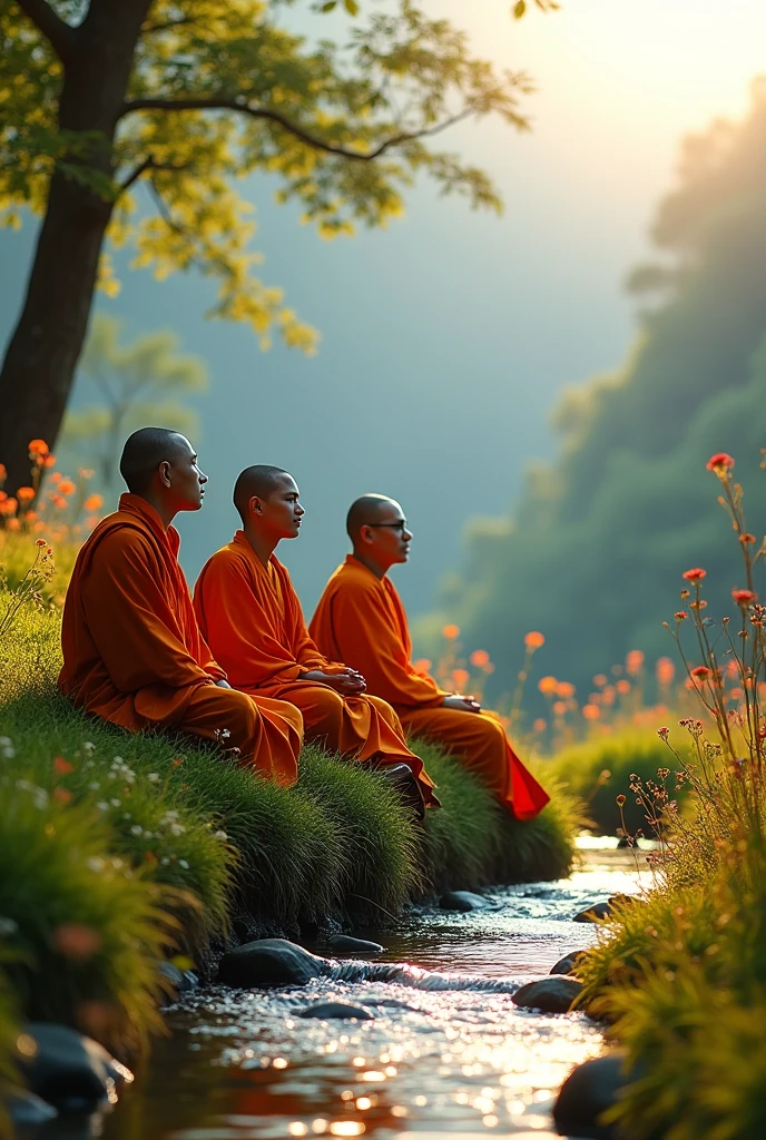 most beautiful nature enjoying 3 bhikkhu's and in front of face