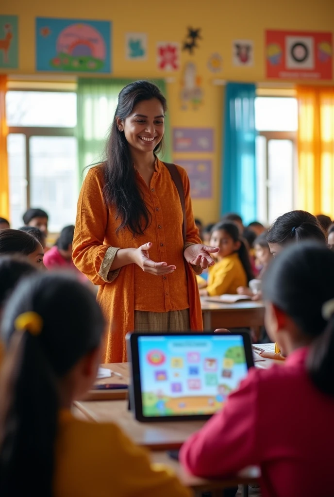 Indian school teacher teaching students to use ipad in a classroom