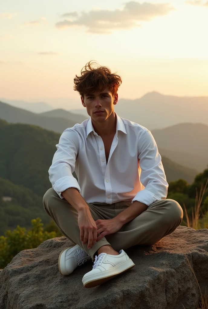A realistic white young man with a little bit curly hair but don't show the face, aesthetic looks wearing white stylish shirt and shoes also and sitting on a rock on the top of a hill looking a beautiful scenery