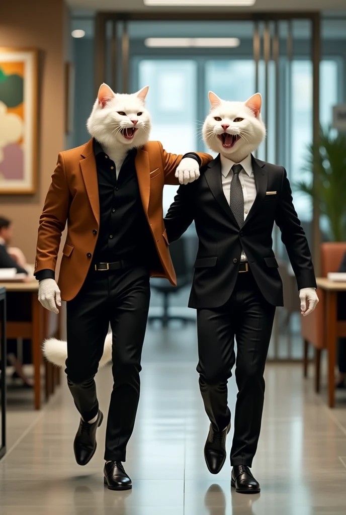 A muscular white cat dressed in brown jacket and black shirt and black pant putting arm on shoulder of white cat dressed in black suit and gray tie enter company with laughingly