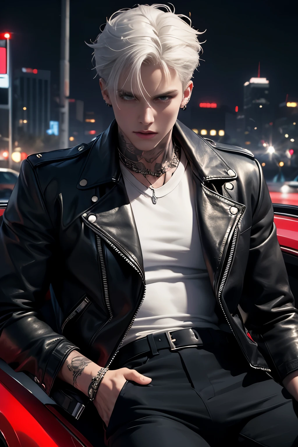 ((Best quality)), ((masterpiece)), 8k (detailed), ((perfect face)) ((halfbody)), perfect proporcions, perfect proporcions, he is a handsome male, he is , badass, wild hair on his head, white short hair, night city, ((perfect face)) white hair, long bangs, leather jacket, balck clothes, black pants, tattoos in neck. piercings, 18 years old