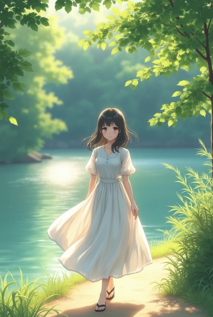 Japanese Beautiful Girl、Small breasts、White dress、cute、smile、Lakeside、stroll